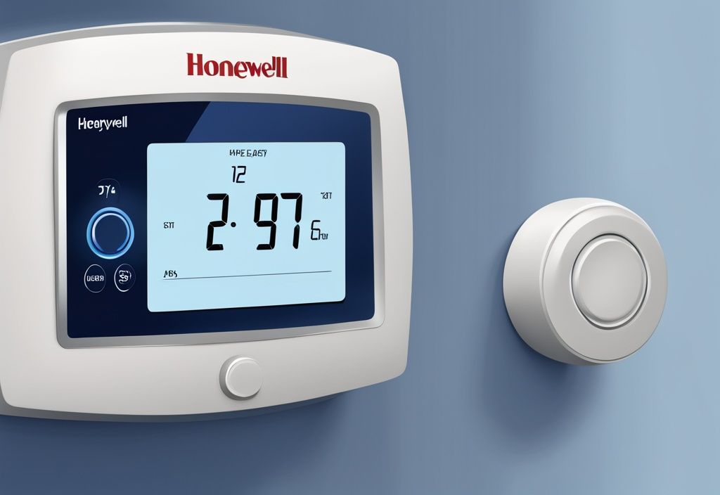 Modern digital painting of Honeywell thermostat not cooling with blue theme, display shows higher temperature than set point, indicating cooling issue.