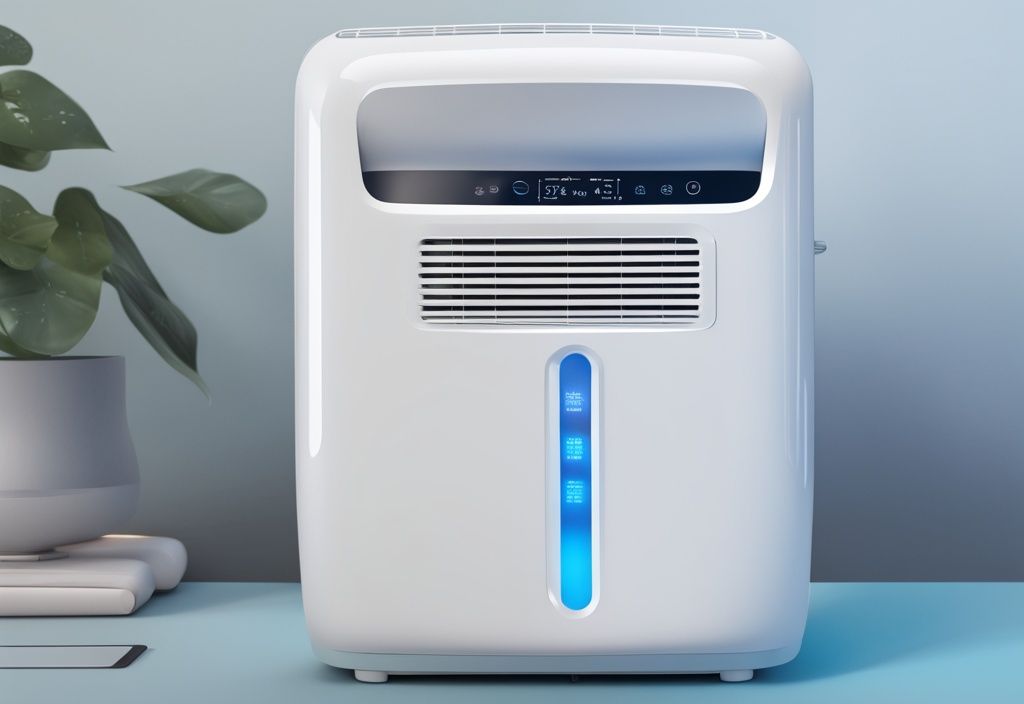 Modern digital painting of a sleek white Pelonis portable air conditioner with buttons and settings, subtly turned on, featuring a 5-star review symbol; pelonis portable air conditioner review.