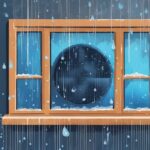 Modern digital painting of a window AC unit against a rain-speckled window, droplets trickling down, window AC sounds like water after rain.