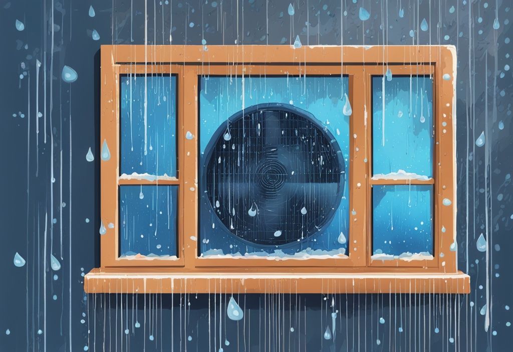 Modern digital painting of a window AC unit against a rain-speckled window, droplets trickling down, window AC sounds like water after rain.