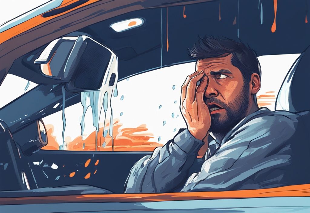 Frustrated driver wiping sweat as driver side AC blowing hot air in a modern digital painting illustration with blue theme.