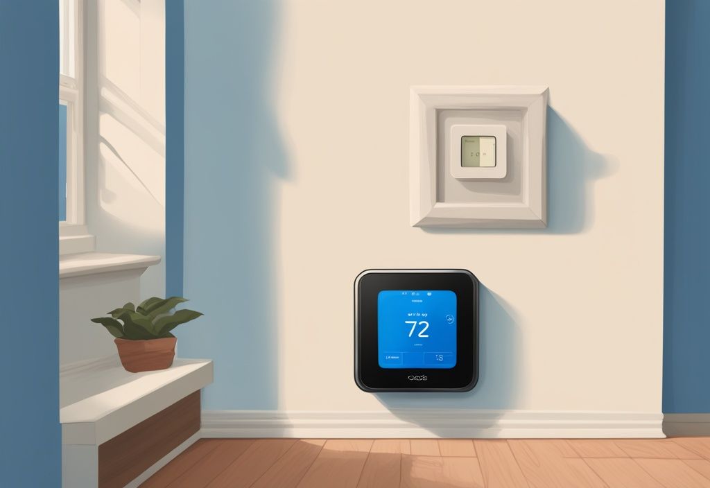 Modern digital painting of a blue-themed household wall featuring an ecobee thermostat displaying an error message about air conditioning not turning on.