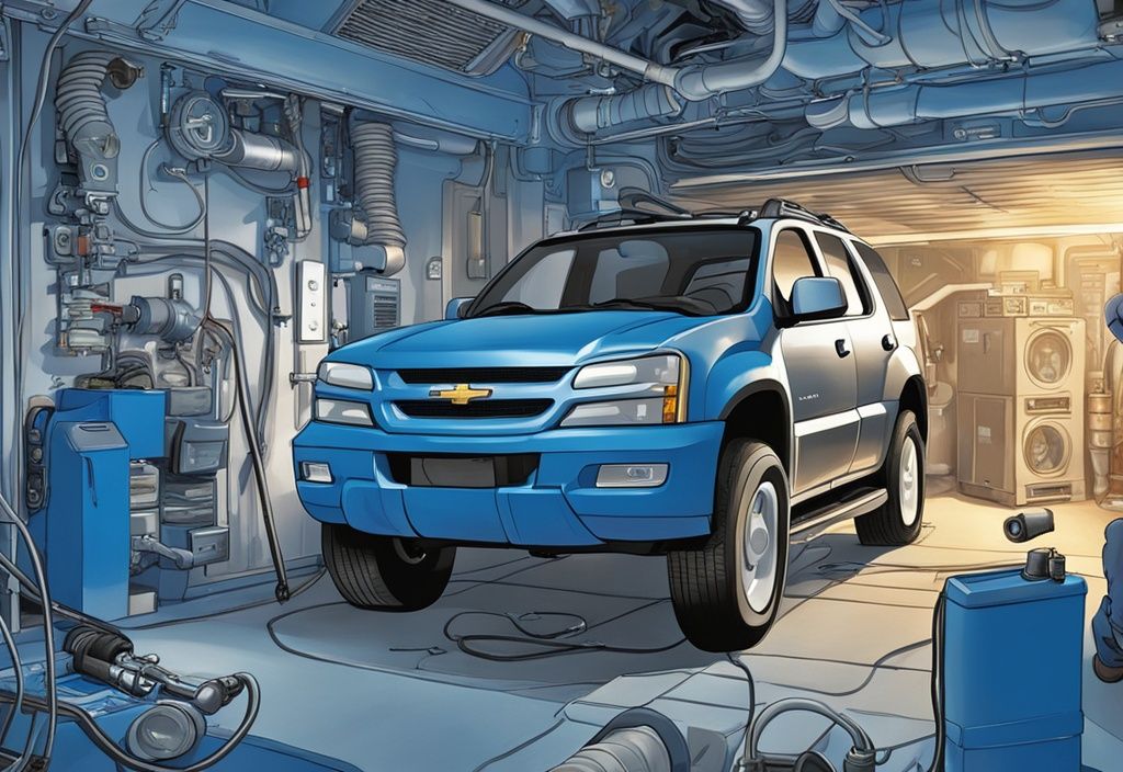 Modern digital painting of a mechanic inspecting 2004 Trailblazer air conditioning problems with tools spread around.