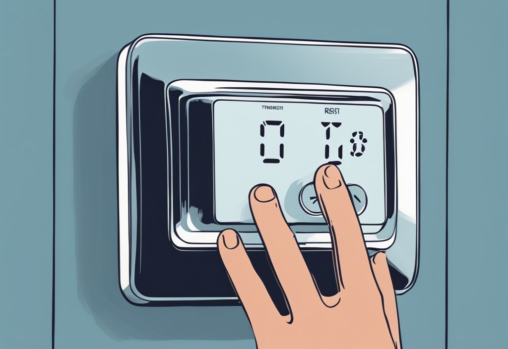 Close-up of a hand pressing the reset button on a Dometic thermostat with a step-by-step guide, modern digital blue-themed illustration