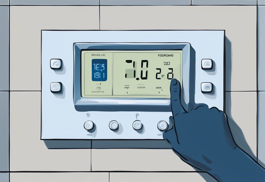 Modern digital painting of hands pressing buttons on a Honeywell thermostat panel, demonstrating how to reset Honeywell thermostat.