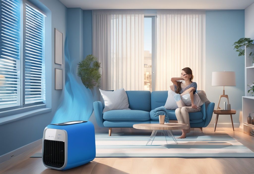 Modern blue-themed digital painting of a Pelonis portable air conditioner in a contemporary living room with a happy customer enjoying cool airflow.