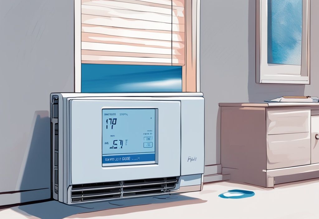 Modern digital painting illustrating Fujitsu mini split air conditioner displaying error codes with a list of corresponding Fujitsu mini split error codes in the background, main color theme blue.