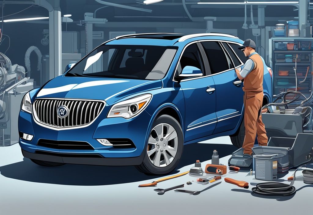 Modern digital painting of a mechanic performing a Buick Enclave AC reset with tools and open car hood in view, main color theme blue.