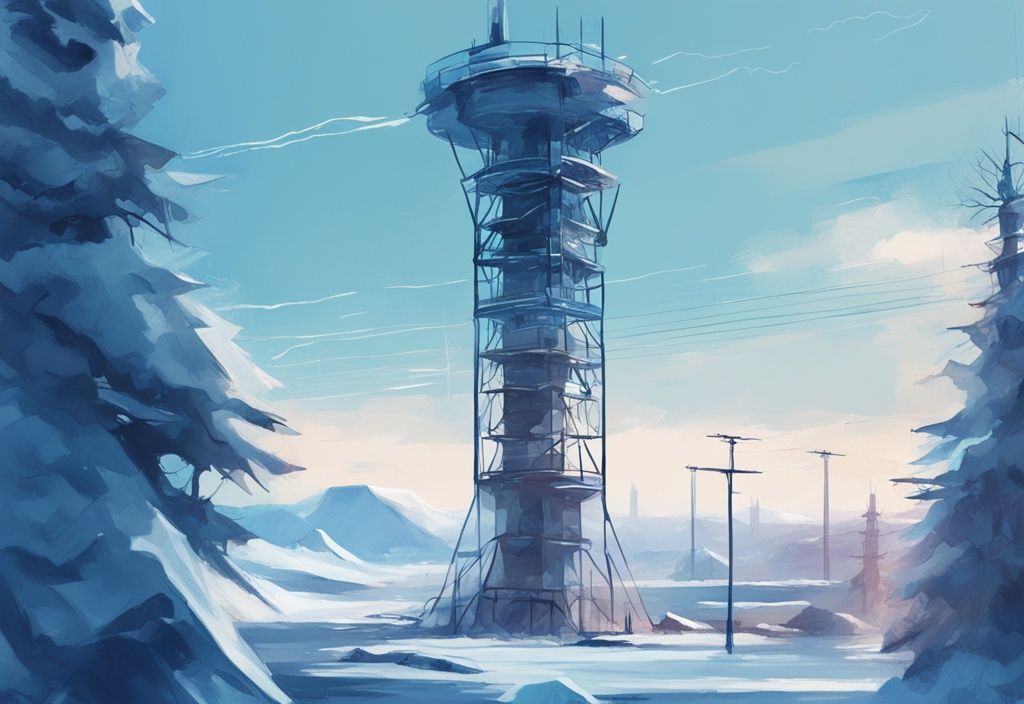 Modern digital painting of an arctic air tower with blue theme, featuring overlaid indicators for arctic air tower troubleshooting problems.