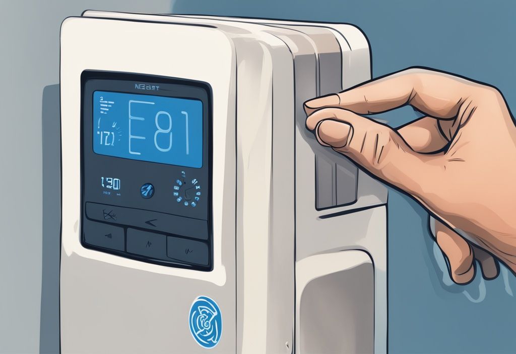 Close-up of a finger pressing the reset button on a GE air conditioner in a modern digital blue-themed painting