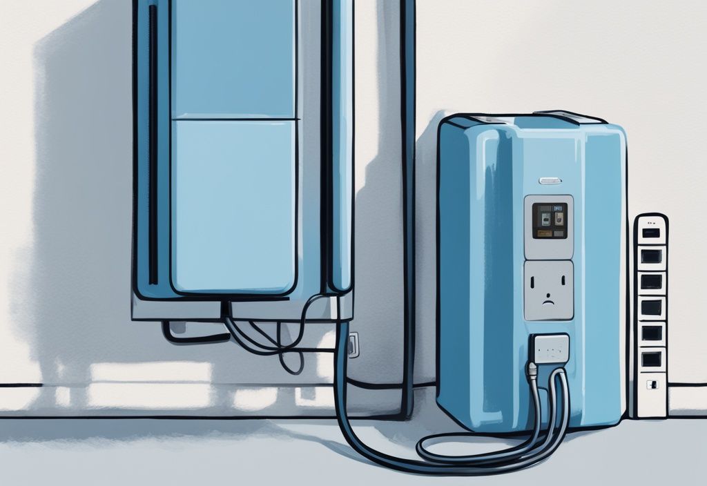 Modern digital painting of a blue-themed air conditioning unit plugged into a surge protector with visible plug connections