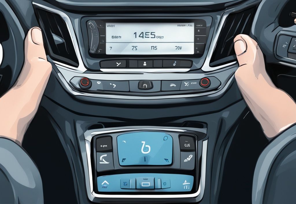 Hand using the chevy equinox climate control reset button on a modern digital blue-themed illustration.