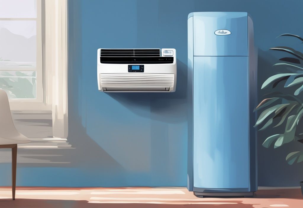 Modern digital painting illustration of a Midea air conditioner not cooling as expected with a blue color theme and a simple infographic.