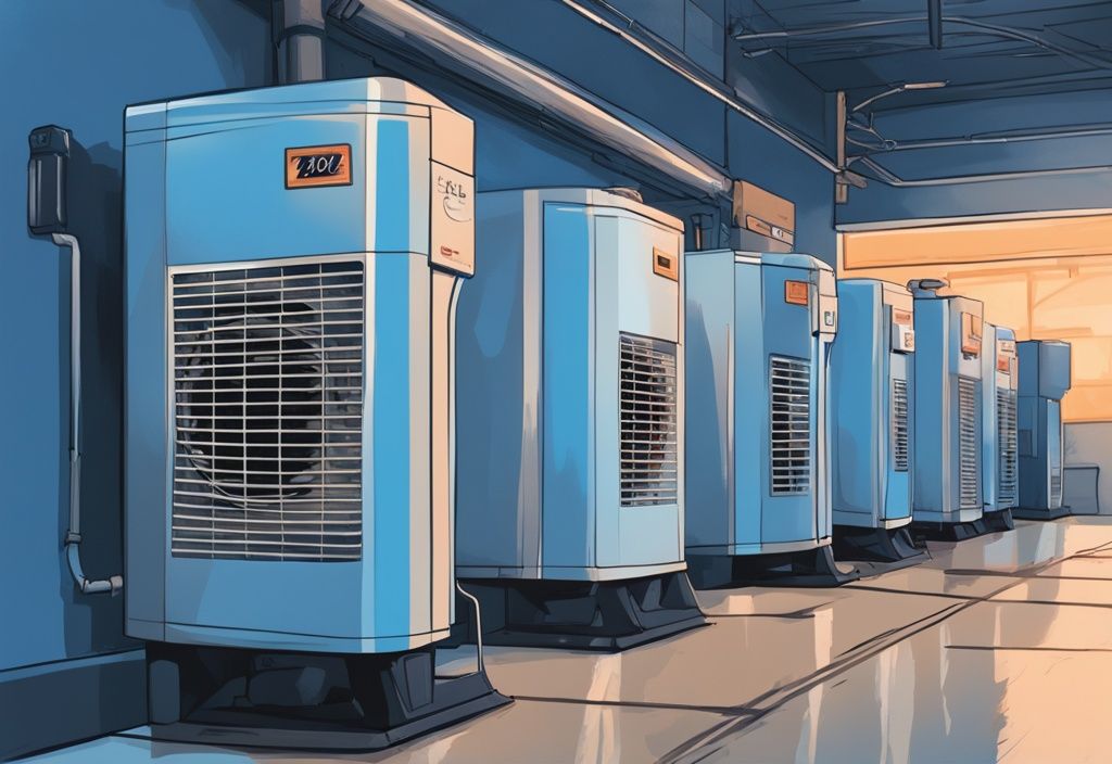 Modern digital painting of high velocity air conditioning unit with price tag, blue color theme