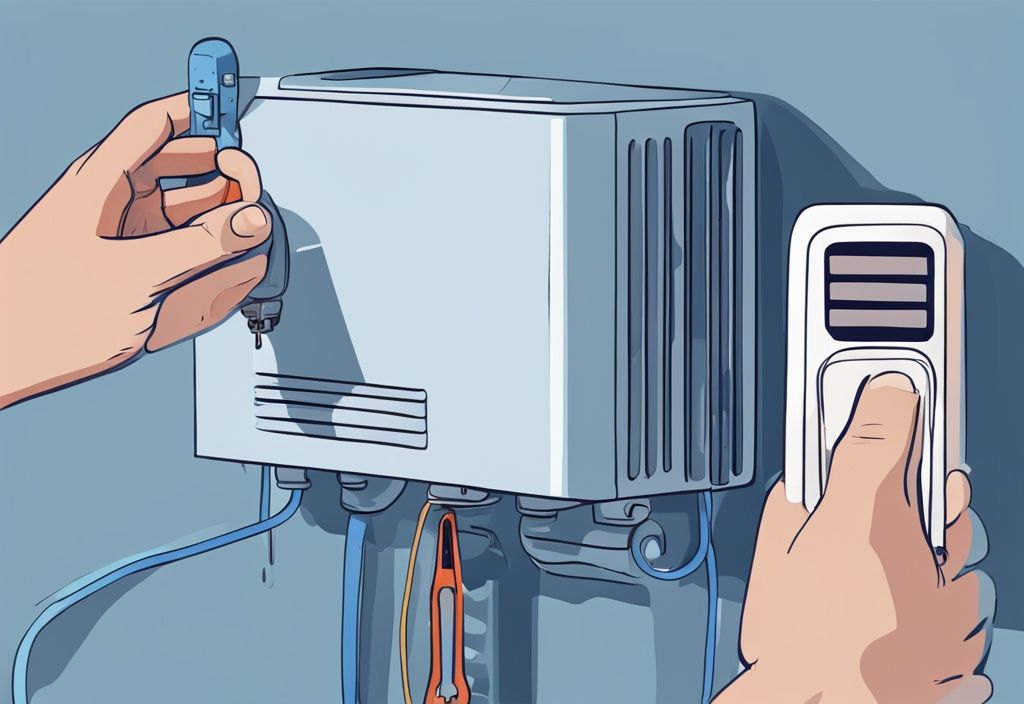 Modern digital painting of hands near an air conditioning unit, one with a tool and the other reaching to reset the ac float switch.