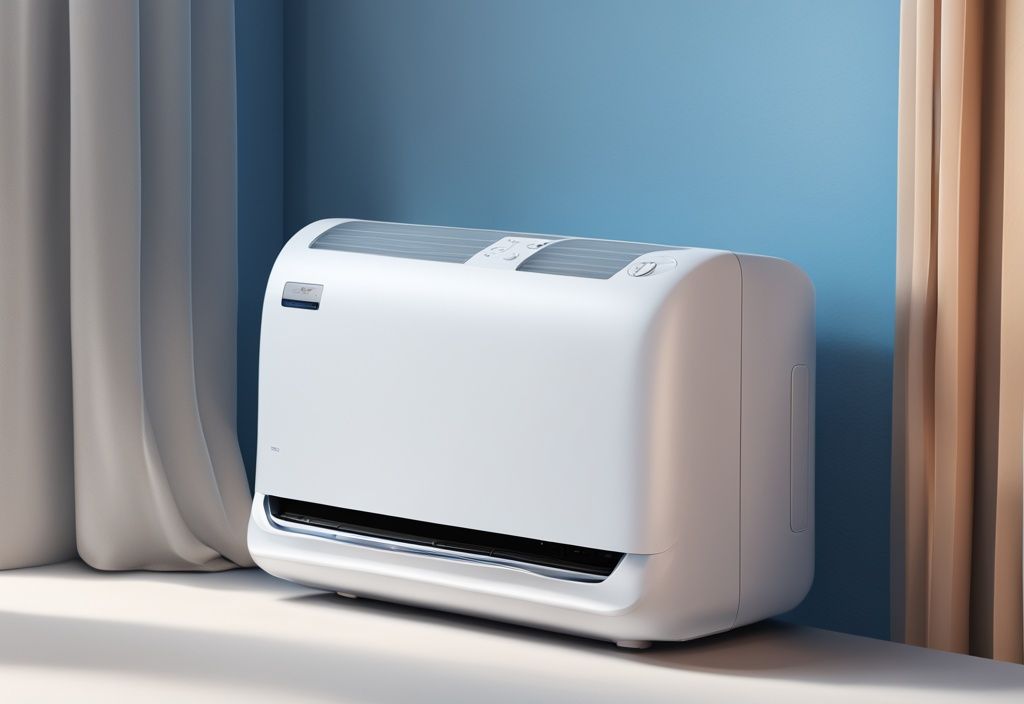 Modern digital painting of sleek white Pelonis portable air conditioner with buttons and settings, subtly turned on, featuring 5-star review symbol; pelonis portable air conditioner review.