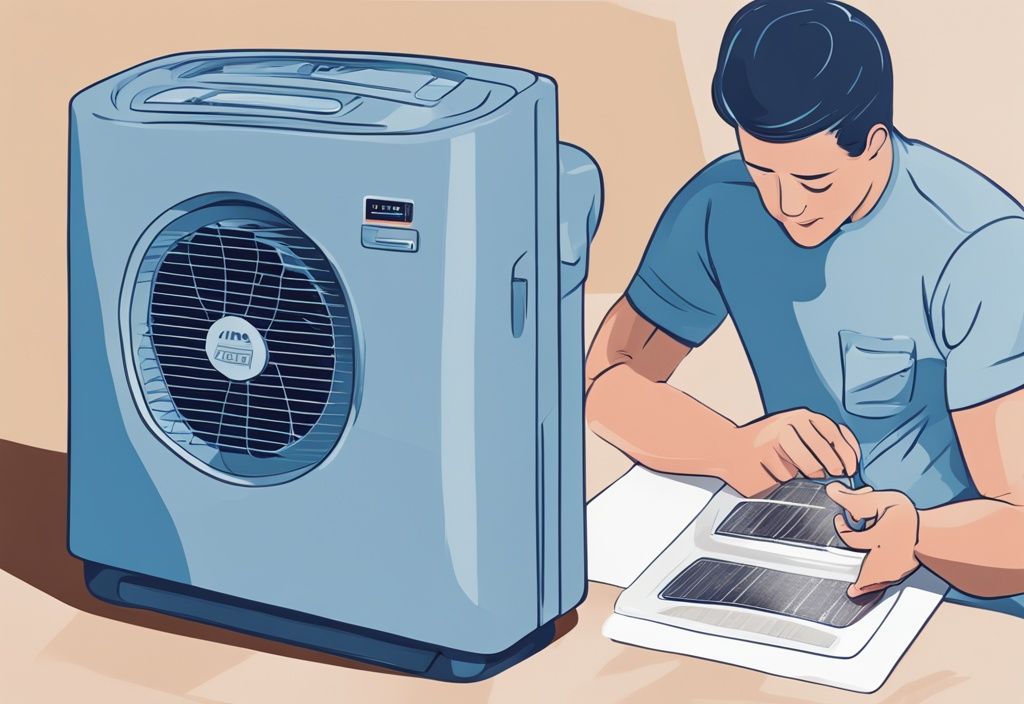 Hands holding user manual with reset instructions for portable air conditioner, blue-themed digital illustration, air conditioner in background