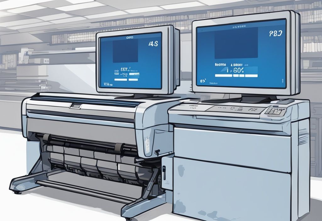 Mitsubishi printer showing 4250 error code on digital screen in modern blue-themed digital painting illustration