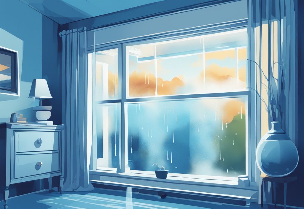 Modern digital painting of a blue-themed home with window condensation and active dehumidifier emitting warm air.