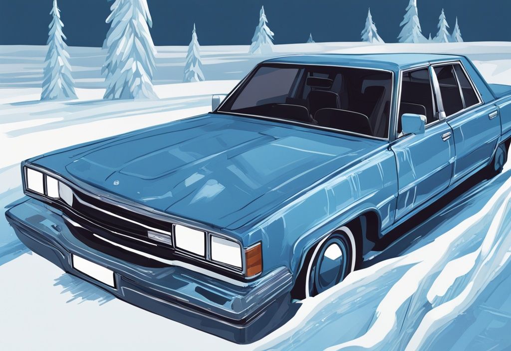 Modern digital painting of a car interior with frost and icicles on the passenger side, warm and comfortable driver's side, blue color theme.