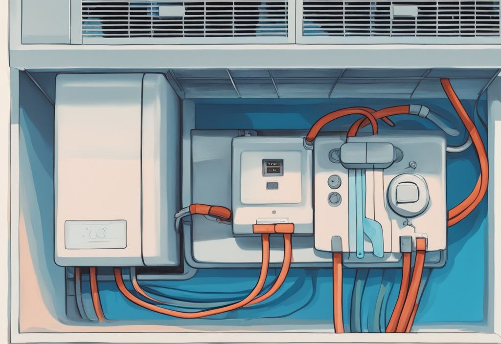 Overhead view of AC unit with exposed float switch in blue-themed digital painting, illustrating "ac float switch keeps tripping" scenario.