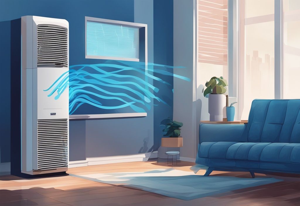 Modern digital painting of a blue-themed split AC indoor unit with cover removed, showing components and visual sound waves representing noise