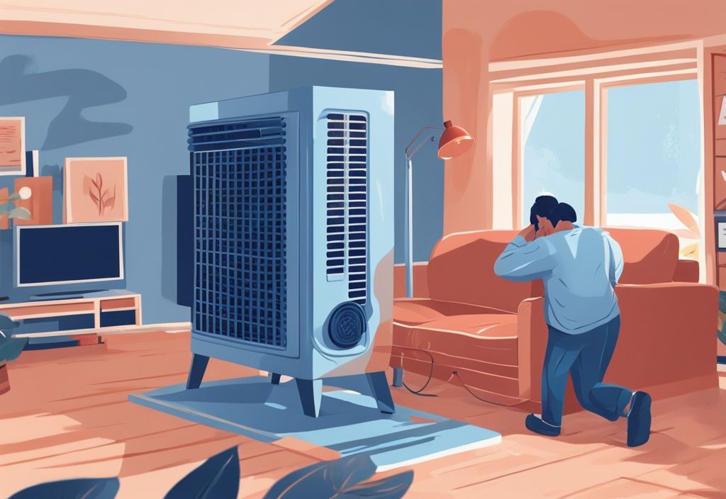 Modern digital painting of a homeowner covering ears due to loud blue air conditioning unit in living room.