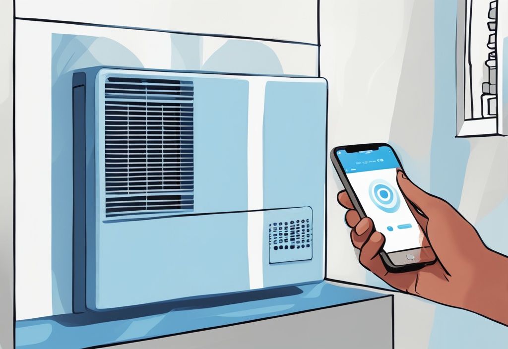 Modern digital painting of hands resetting wifi on GE air conditioner interface, blue theme