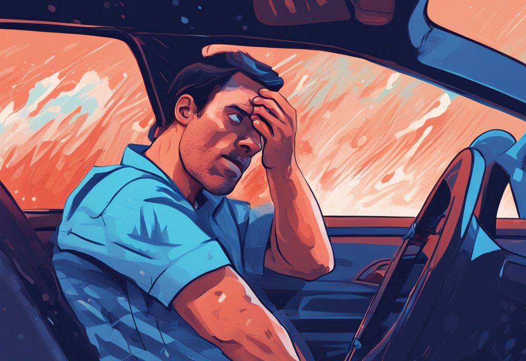 Frustrated driver wiping sweat as driver side AC blowing hot air in modern digital painting illustration with blue theme.