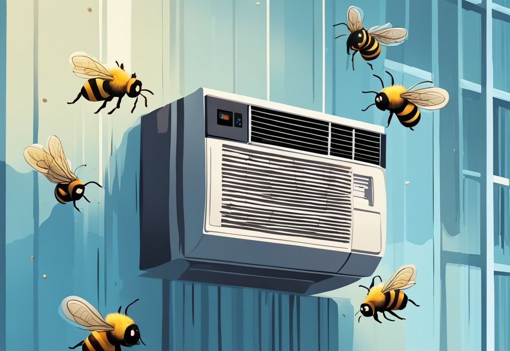 Modern digital painting of a blue-themed window air conditioner with bees approaching gaps.