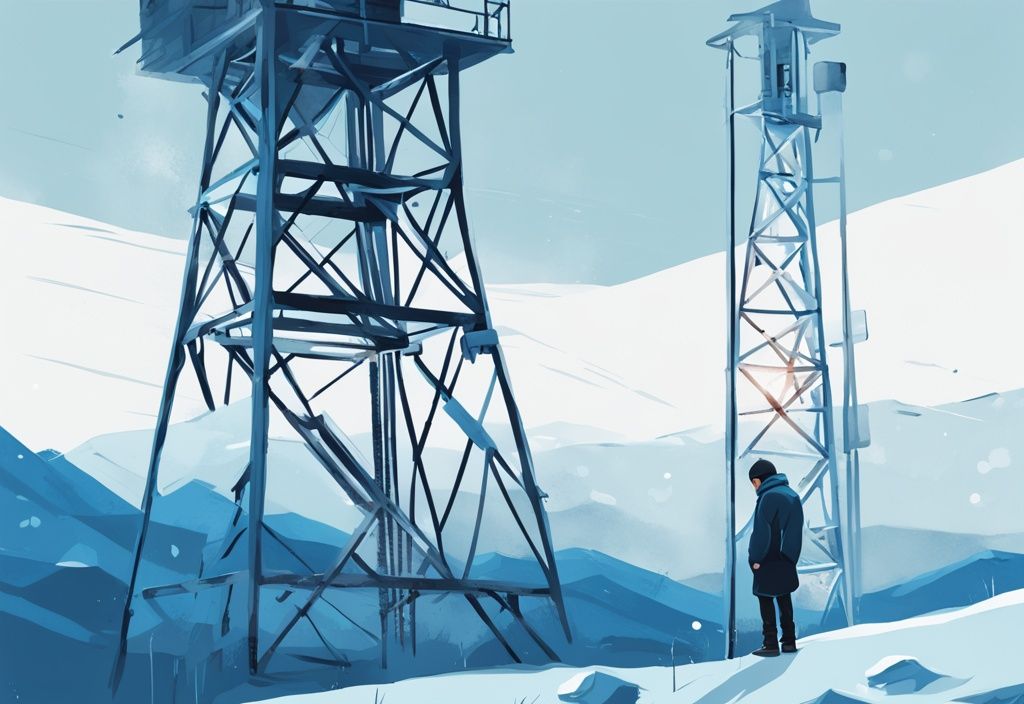 Person troubleshooting Arctic Air Tower with toolkit in modern digital painting illustration, blue color theme