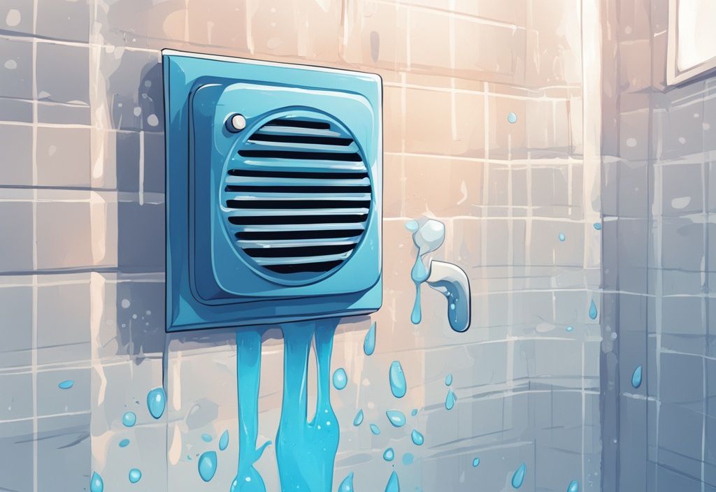 Close-up of a blue-themed AC vent in a bathroom with water droplets dripping