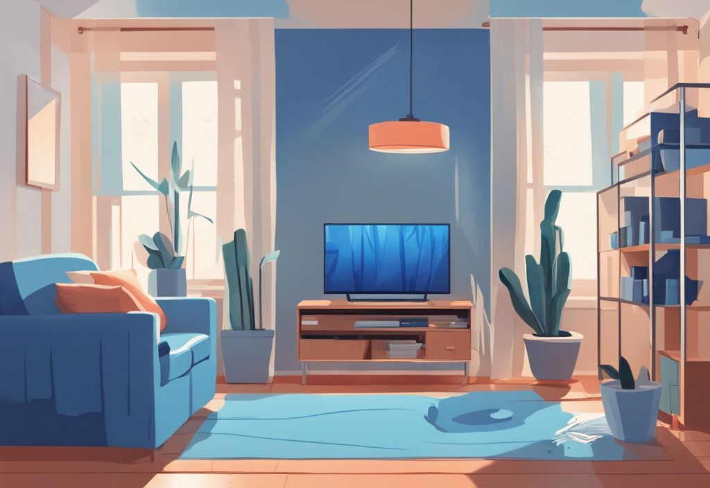 Modern digital painting of a blue-themed cozy living room with a portable AC unit and a small water puddle underneath