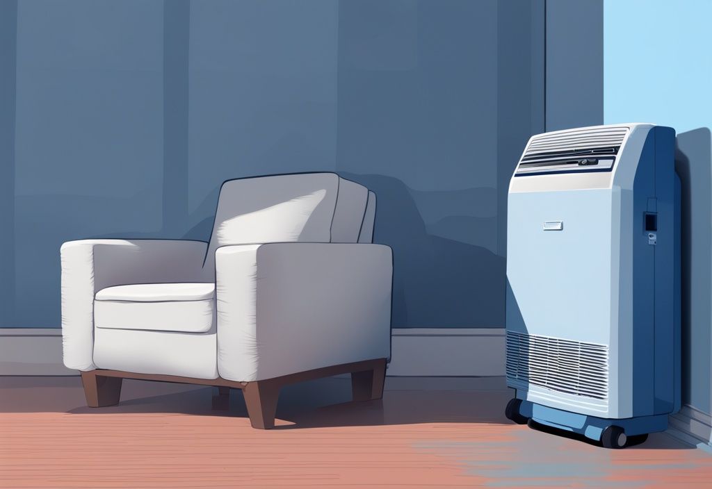 Modern digital painting of a portable AC unit with a tripped breaker in a cool, comfortable blue-themed room.