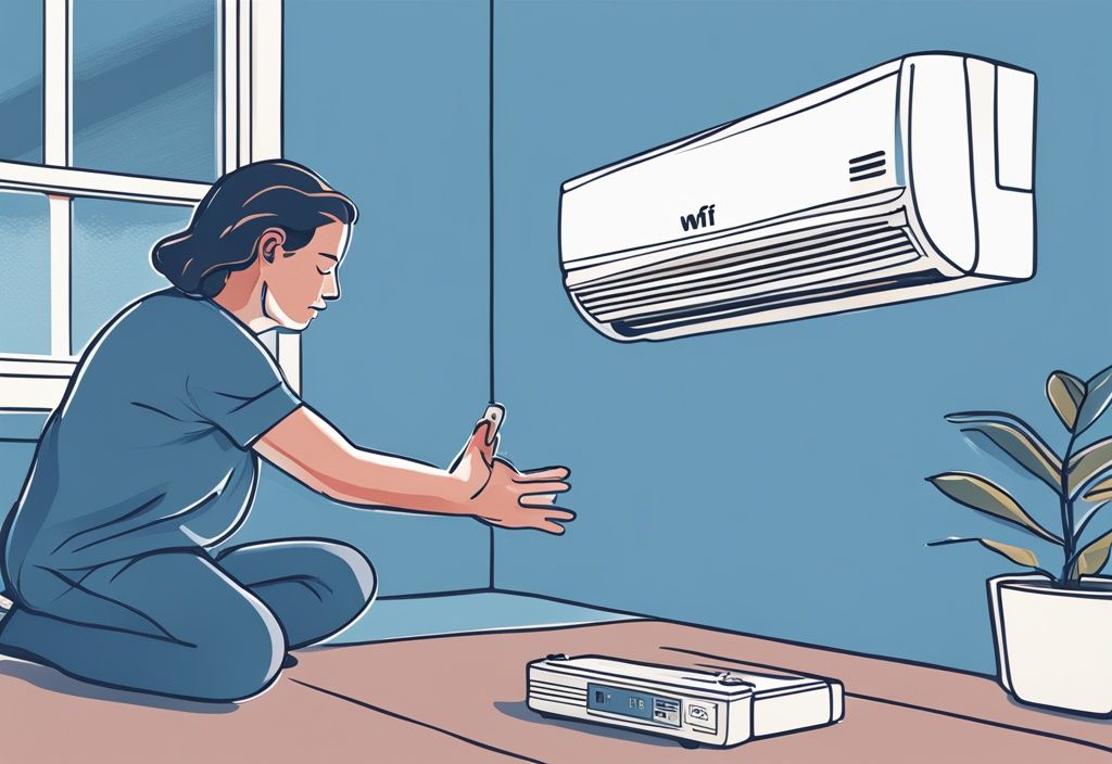 Hands resetting GE air conditioner wifi connectivity on digital interface, modern blue-themed illustration