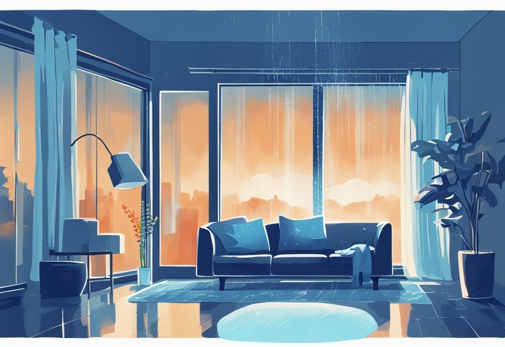 Modern blue-themed digital painting of a home with condensation on a window and a dehumidifier emitting warm air.