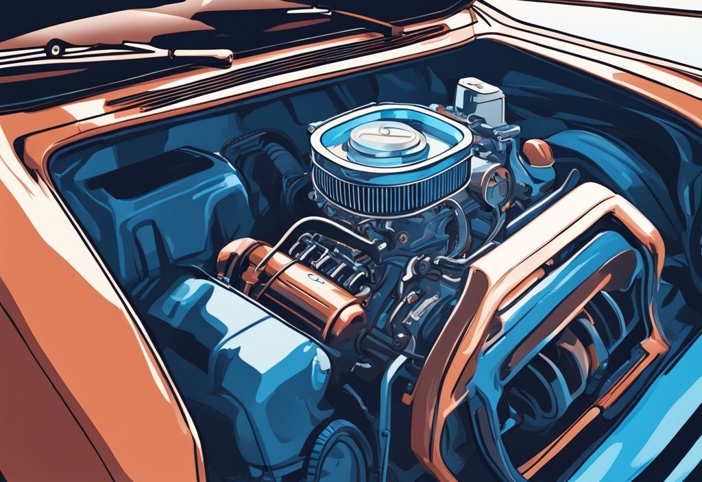 Modern digital painting of a car engine overheating with steam, dashboard showing AC off due to high engine temp, blue color theme.