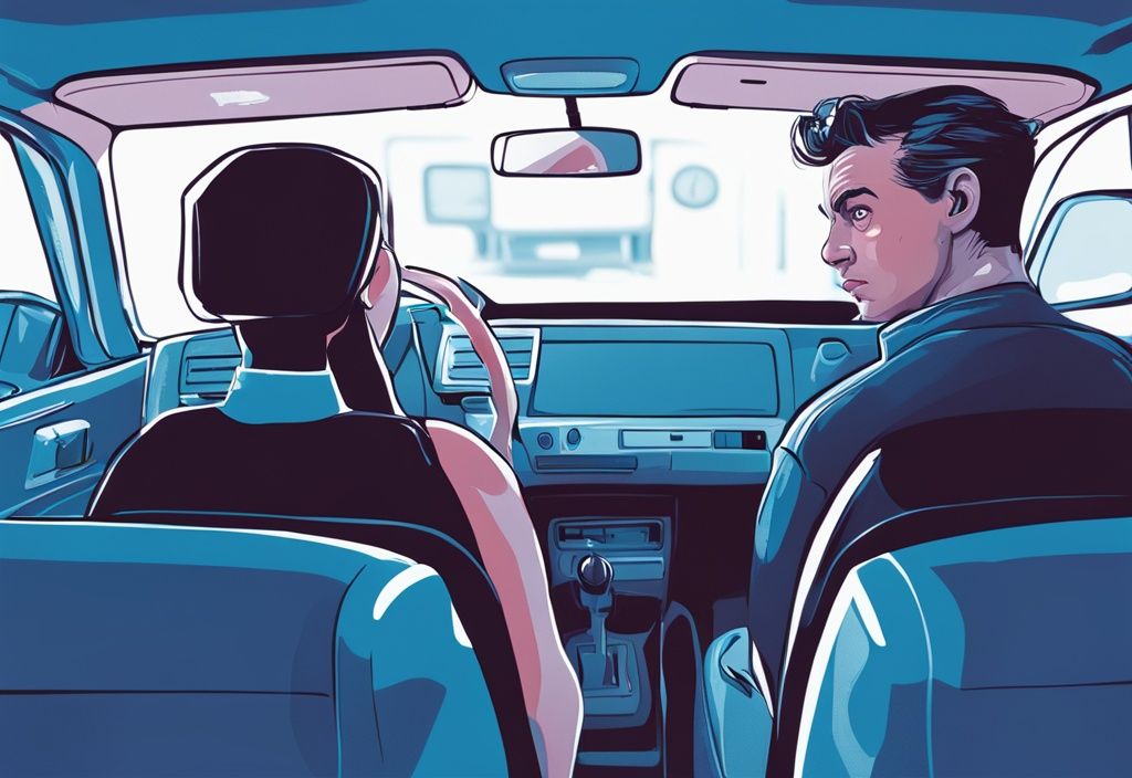 Modern digital painting of a car interior with blue theme, highlighting the AC system and air vents, driver looking confused, indicating a problem.