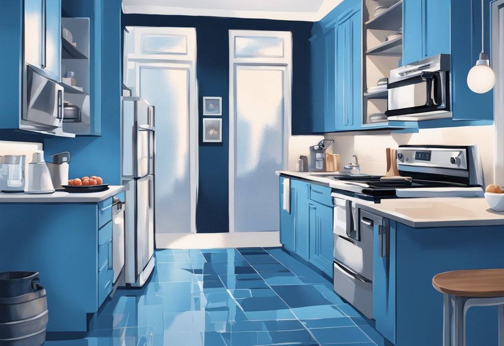 Modern kitchen with blue-themed digital painting, showcasing AC electric and gas appliances side by side.