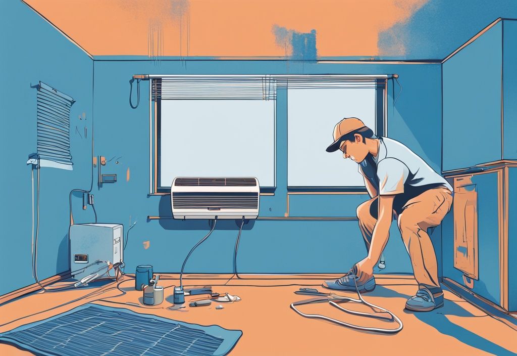 Modern digital painting of a person troubleshooting a dripping noise from a wall-mounted air conditioner with tools beside them.