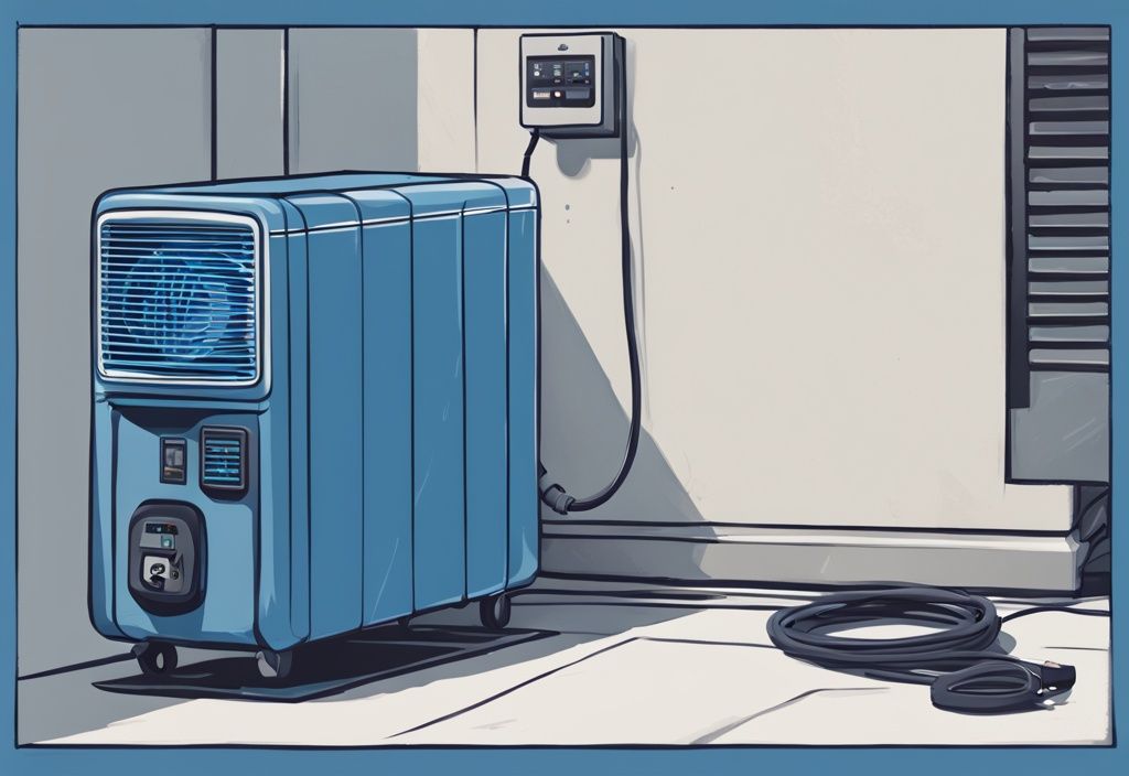 Modern digital painting illustration of a blue-themed portable AC unit with a power cord leading to a breaker box showing a tripped breaker switch, highlighting the issue "my portable AC keeps tripping the breaker.