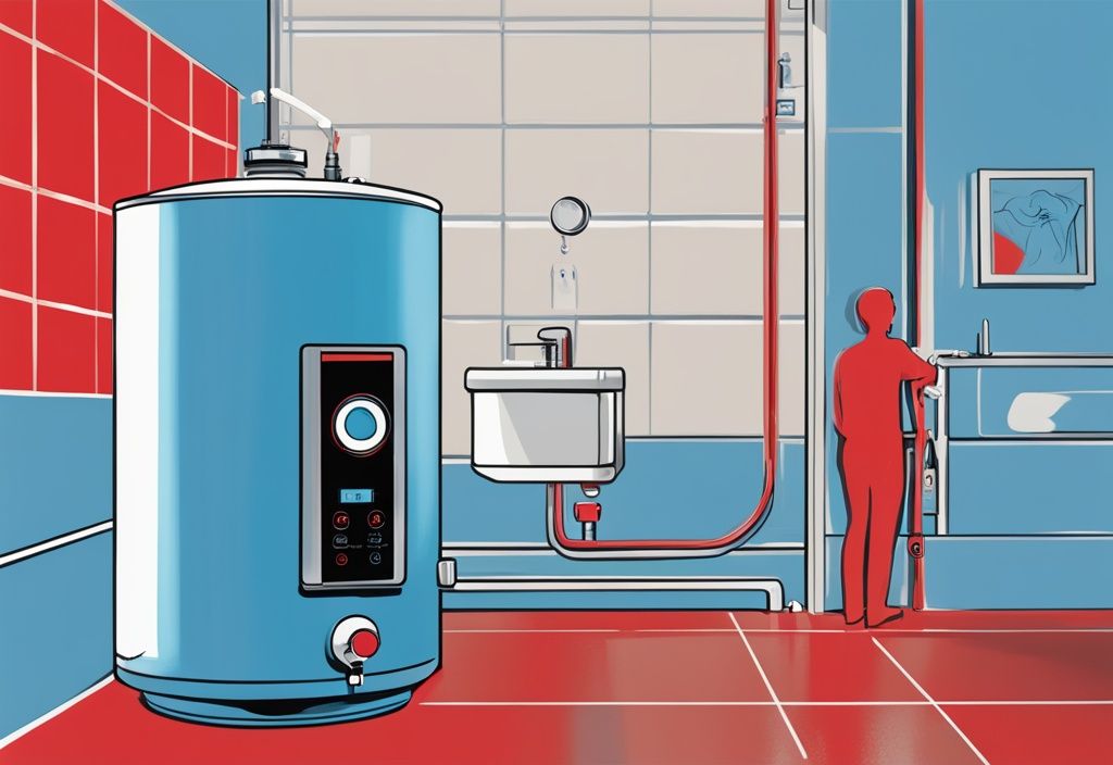 Modern digital painting of a Rheem water heater with a hand pressing the red reset button, blue color theme