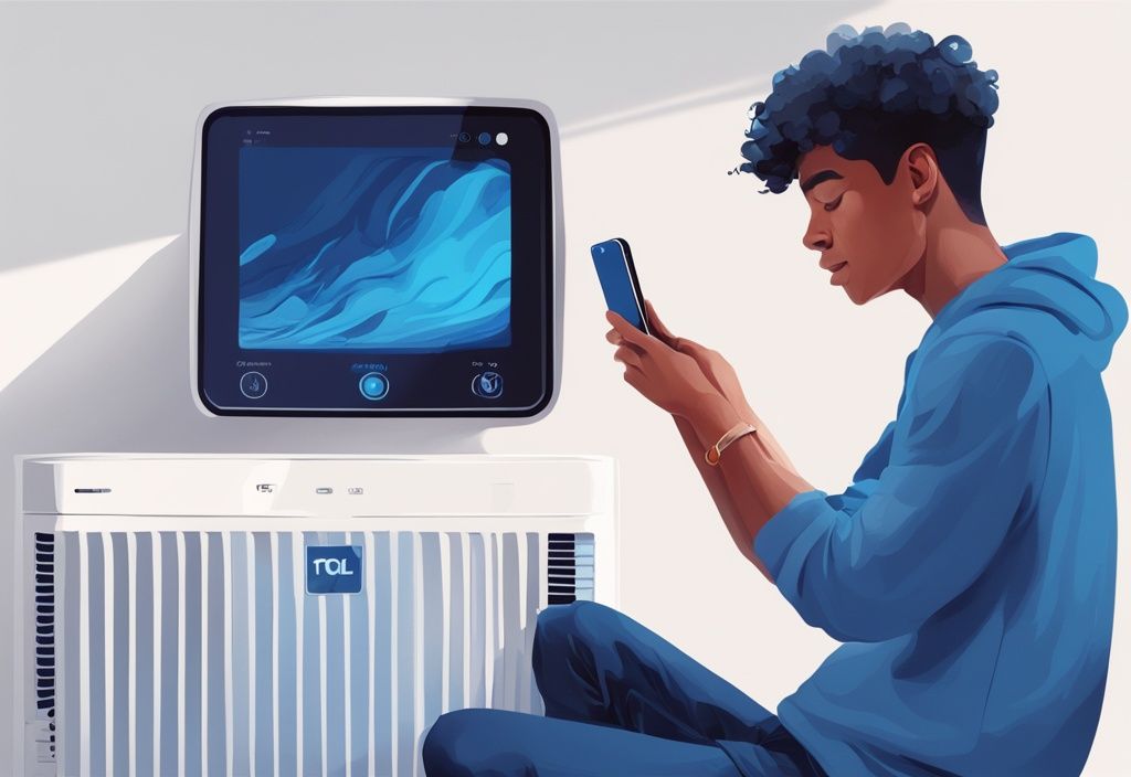 Young person using smartphone to connect TCL air conditioner to home WiFi network, modern digital painting, blue color theme