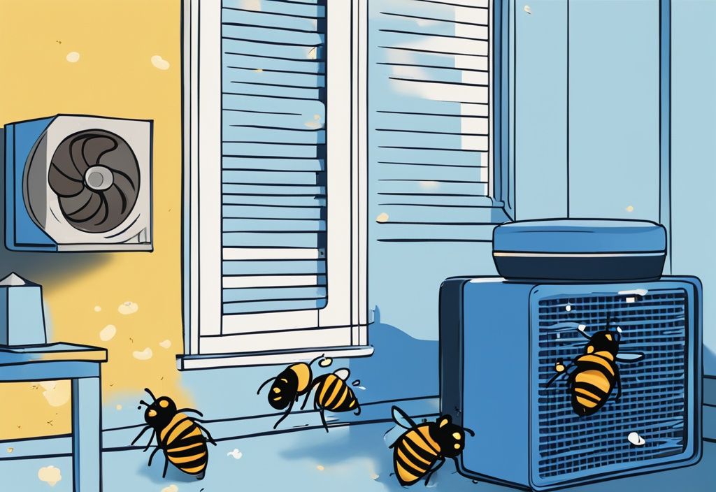 Modern digital painting of bees entering a room through gaps in a window air conditioner, addressing the question: can bees get in through window AC.