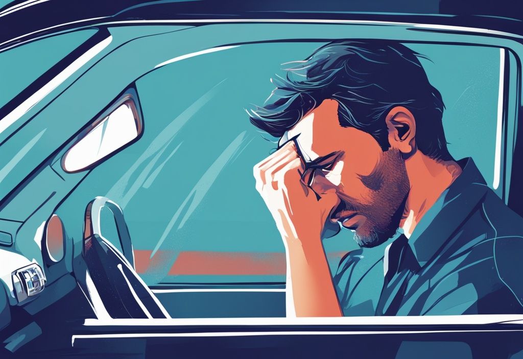 Frustrated driver sweating with hot air blowing from car AC vents, modern digital painting, blue color theme