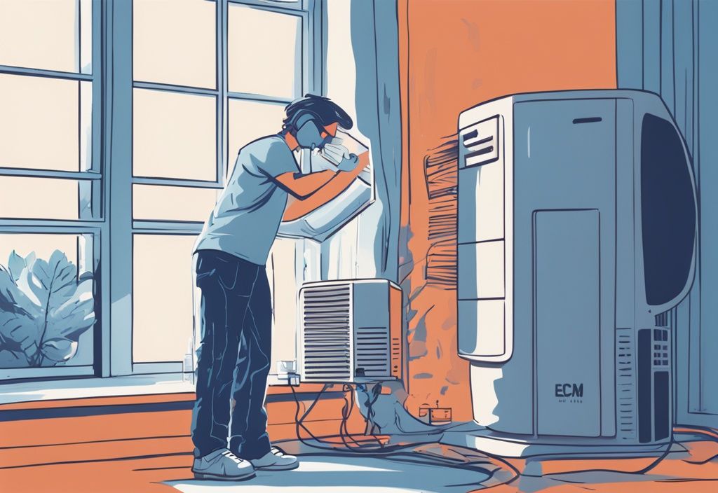 Modern digital painting illustration of a person troubleshooting a window air conditioner with a digital panel showing the 'E8' error code, how to fix e8 error code window air conditioner.