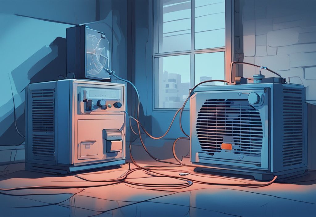 Modern digital painting of an AC compressor shutting off with a timer showing 2-3 minutes, illustrating why does my ac compressor shut off after 2-3 minutes.