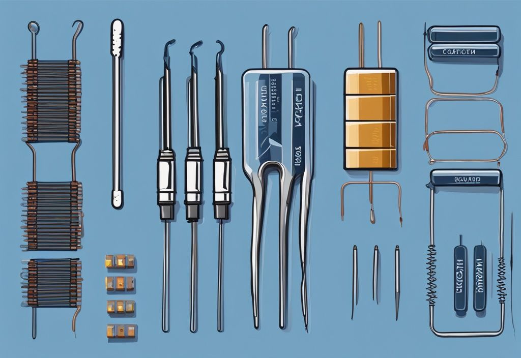 Digital painting of capacitors, resistor, and insulated tweezers demonstrating safe capacitor discharge process, blue color theme.