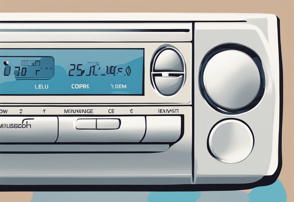 Modern digital painting of Mitsubishi mini split air conditioner with close-up on control panel displaying blinking codes and meanings, blue color theme.