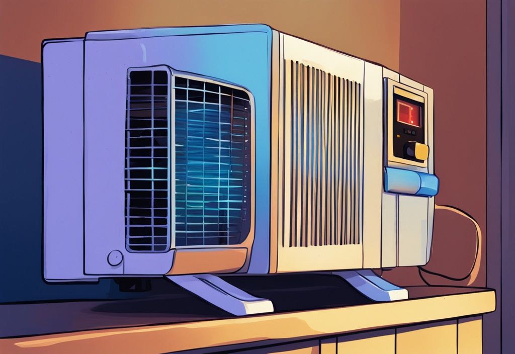 Modern digital painting of a blue-themed close-up of an AC unit with control light blinking three times, illustrating the issue of why is my ac light blinking 3 times in a dimly lit setting.